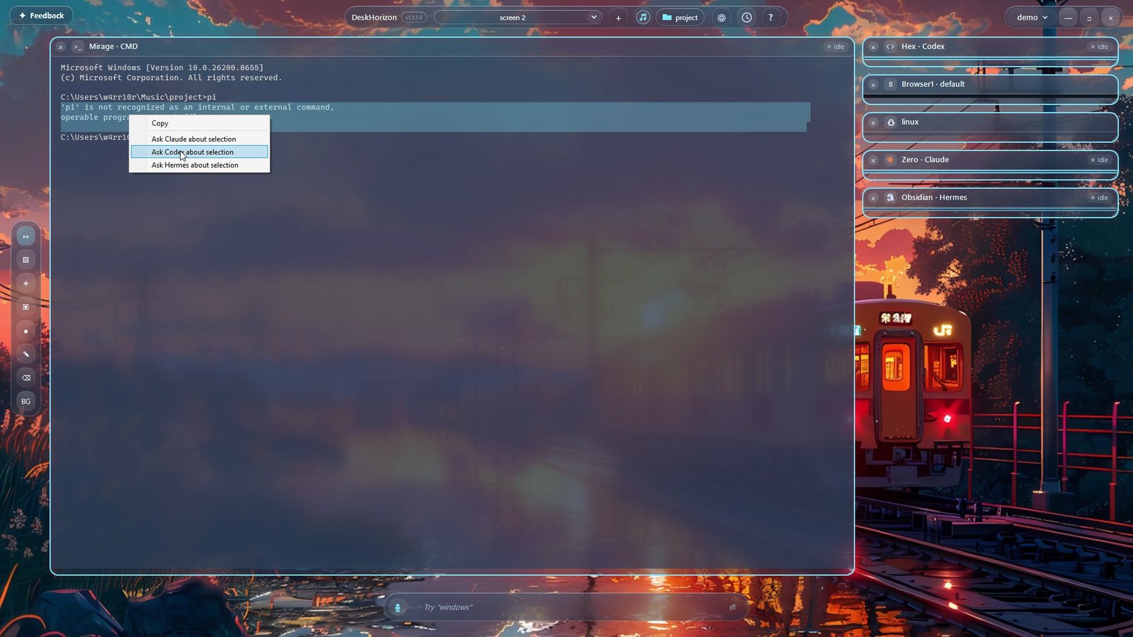 A terminal right-click menu offering Ask Claude, Ask Codex or Ask Hermes about the selected text, with agent tiles docked at the edge