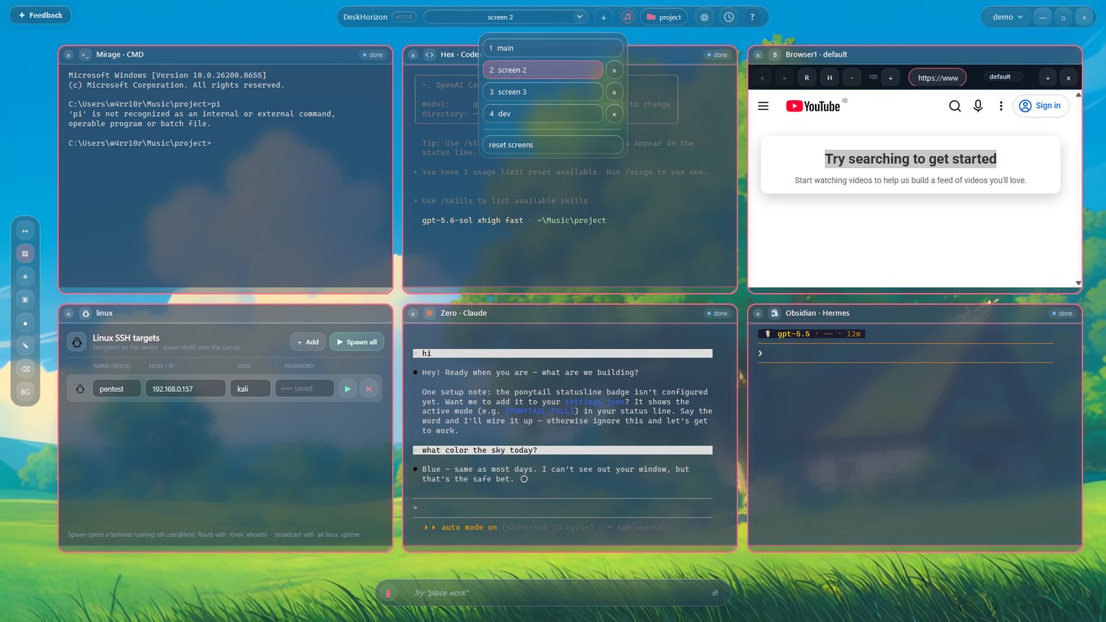 Six live tiles — CMD, Codex, a browser, a Linux SSH terminal, Claude and Hermes — snapped to a grid, with the named-screens switcher open