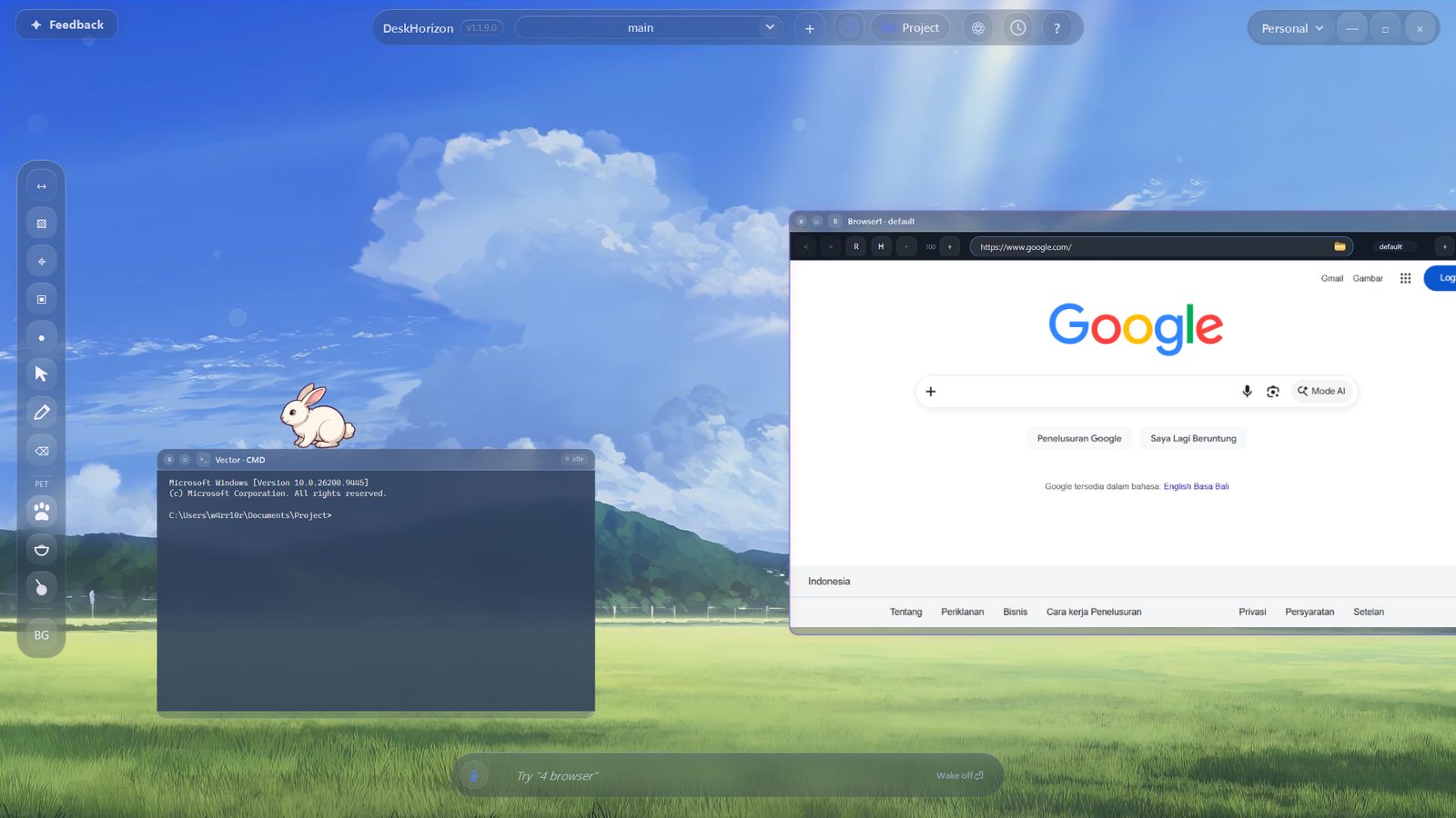 A hand-painted rabbit sitting on the DeskHorizon canvas between a CMD terminal and a live browser tile