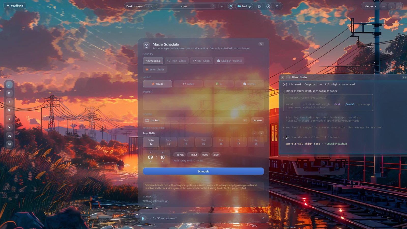 The Macro Schedule panel setting an agent and a preset prompt to run at a chosen time, next to a live Codex terminal