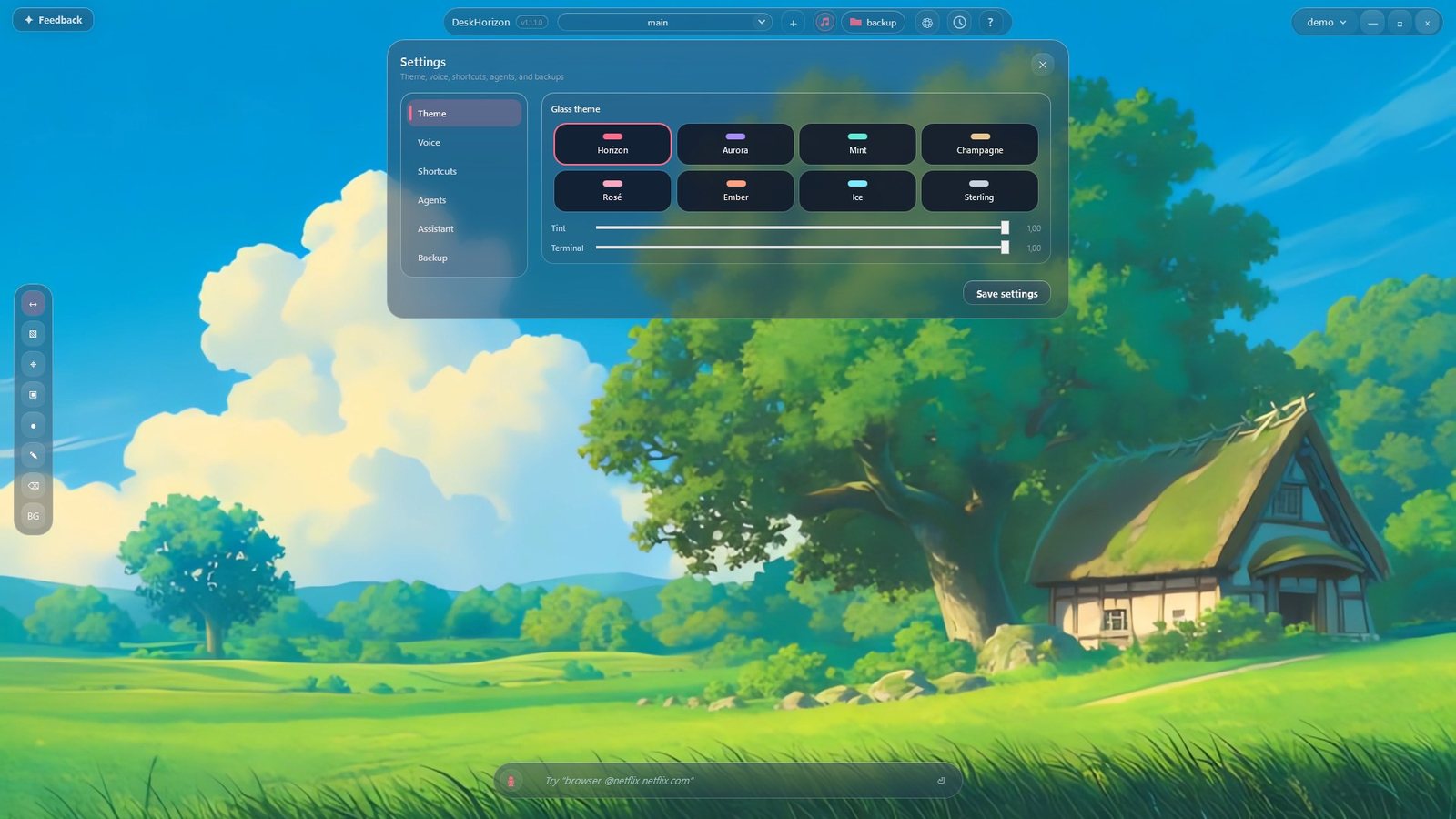 Theme settings offering eight glass themes — Horizon, Aurora, Mint, Champagne, Rose, Ember, Ice, Sterling — with tint sliders