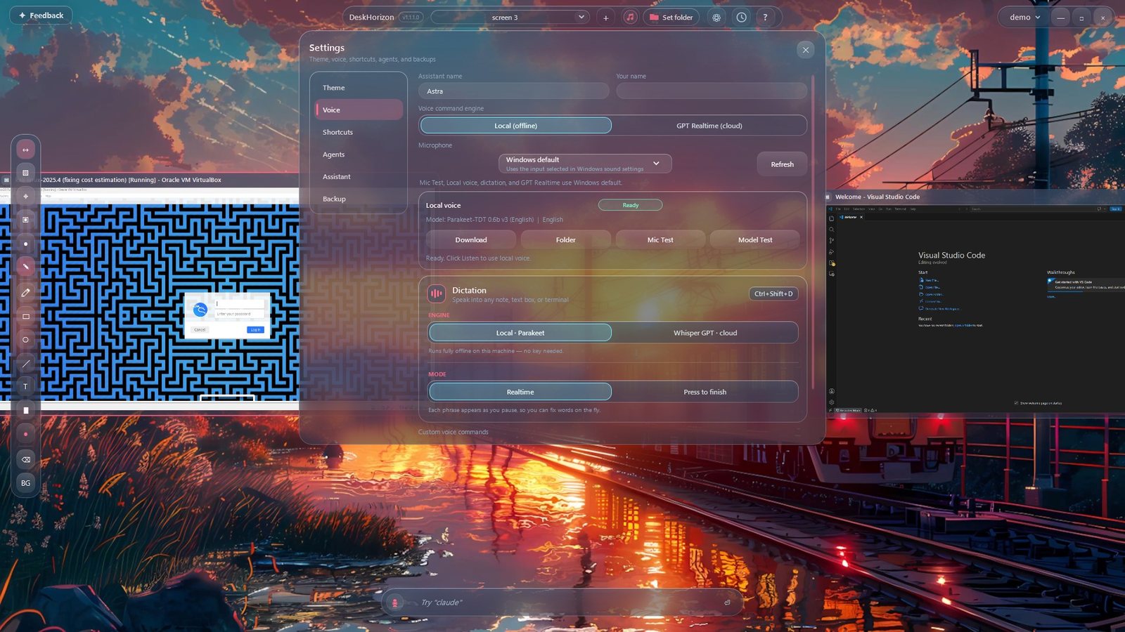 Voice settings showing the local offline Parakeet engine and dictation, with VirtualBox and VS Code running as tiles on the canvas
