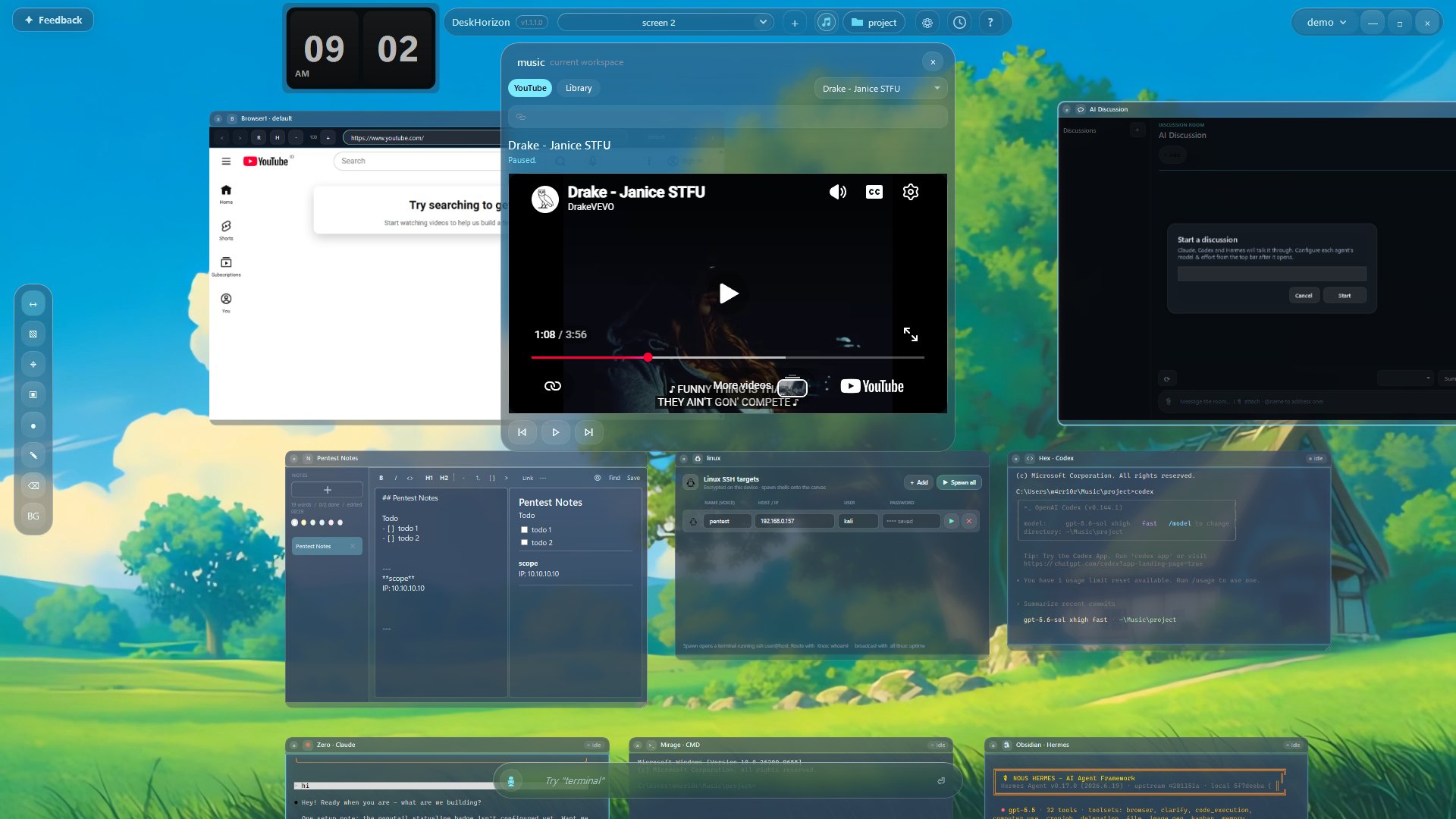 A DeskHorizon desk: browser, terminal, notes, Pomodoro timer, focus music and AI agents arranged on one canvas